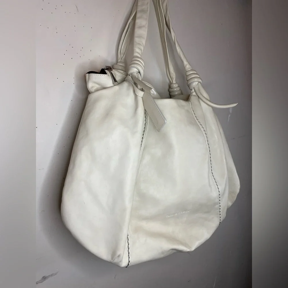 Plinio Visona Italy Cream Leather Knotted Hobo Tote Bag Zip Top OS